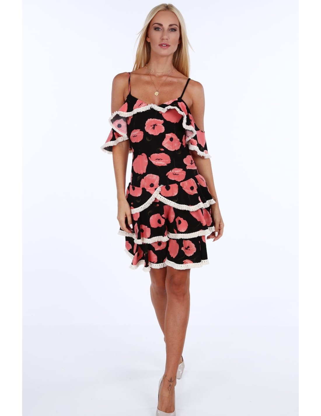 Dress with ruffles, salmon poppies 1775 - Online store - Boutique